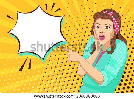 Vector pop art portrait. A surprised woman points to a place for text. Incredible sale store discount black friday cyber monday promotional banner