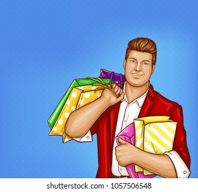 Vector pop art poster with fat man holding shopping bags in hands, isolated on blue dotted background. Smiling overweight guy, xxl or plus size, shopaholic male character. Concept banner for sale ads