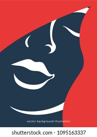 Vector pop art poster with silhouette of a woman. Three colors vertical banner - red, blue, white. Retro stile illustration. Portrait concept.