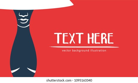 Vector pop art poster with silhouette of a woman. Three colors horizontal banner - red, blue, white. Retro stile illustration. Portrait concept.