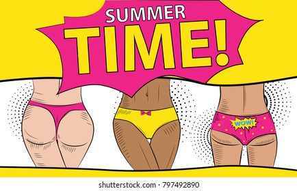 
Vector pop art poster "Summer time!" with girls in panties