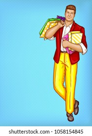 Vector pop art pretty fat man with shopping bags. Obese handsome character in suit, red jacket, yellow trousers, shoes. Fatty dandy with package isolated on blue background. Big man for poster, banner