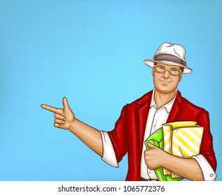 Vector pop art pretty fat man with shopping bags. Obese handsome character in suit, red jacket, white hat, glasses. Fatty dandy with package isolated on blue background. Big man for poster, banner