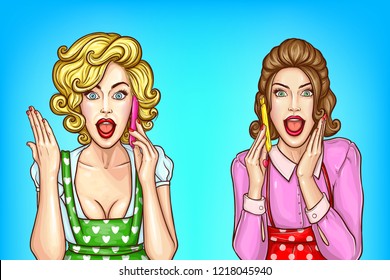 Vector pop art pretty women with excited faces talk on mobile phones, two housewives with open mouths tattle to each other. Girls gossip on cellphones, concept illustration for sale banners