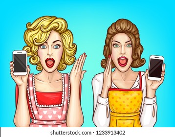 Vector pop art pretty women holding phone, excited housewives in apron, blouses. Beautiful girls with smartphone gossip. Shocked characters with open mouths isolated on blue background.