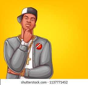 Vector Pop Art Rap, Hip-hop Male Character Isolated On Yellow Background. Afro-American Singer In Grey Jacket, Blazer With Gold Bling, Watch. Modern Gangsta Man, Entertainment Concept