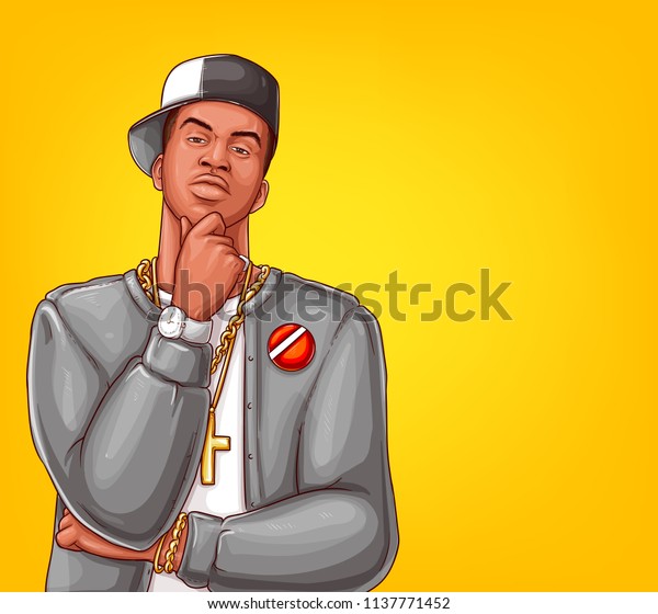 黄色い背景にベクターポップアートラップ ヒップホップの男性キャラクター グレイのジャケットを着たアフロアメリカ人の歌手 金色のブリングをしたブレザー 時計 現代のギャングスタマン エンターテイメントコンセプト のベクター画像素材 ロイヤリティフリー