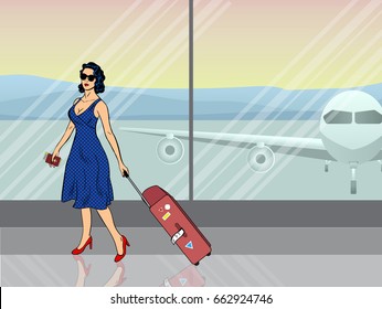 Vector pop art retro style woman in the airport. Traveler holding passport and boarding pass and luggage. Big window and aircraft behind