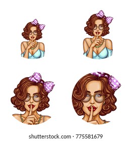Vector pop art round avatar icons for users social networking, profile icons. Sexy girl with brown hair, bow and glasses holding her finger on lips and asking for silence, quiet, do not tell anyone