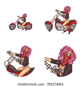 Vector Pop Art Round Avatar Icons For Users Social Networking, Blogs, Profile Icons. Sexy Girl Biker In Underwear, Leather Jacket And Red Bandana Covering Face Sits On Motorcycle And Holds Handlebar