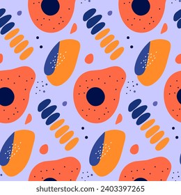 Vector pop art seamless pattern of purple and orange abstract elements on white background