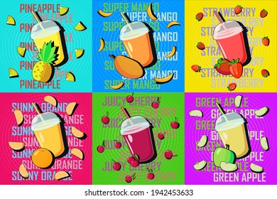 Vector pop art set of fruit and berries juice cocktails glasses for banner or menu