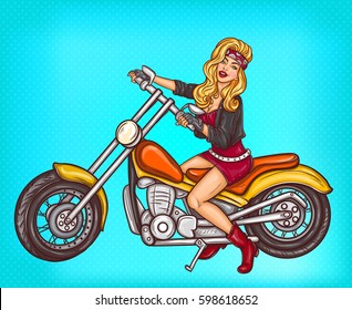 Vector pop art sexy biker girl sitting on a motorcycle