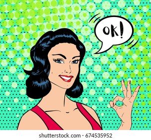 Vector pop art sexy young woman smiling and showing ok sign. Ok is in speech bubble. Colorful background in retro comic style.