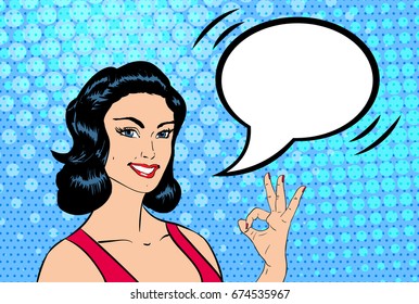 Vector pop art sexy young woman smiling and showing ok sign. Empty speech bubble. Colorful background in retro comic style.