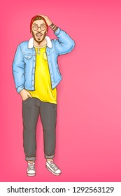 Vector pop art shocked character with open mouth, man in red beanie, blue fur jacket and snickers. Surprised bearded guy, hipster isolated on pink background. Young person for ad poster, promo banner.