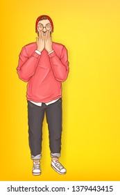 Vector pop art shocked character with raised hands, covering his open mouth, man in beanie. Surprised bearded guy in glasses, hipster isolated on yellow background. Young person for ad poster, banner.