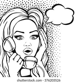 Vector pop art shocked woman talking on phone with speech bubble outlined. Graphic sketch shocked gossip woman, telephone call in comic style.