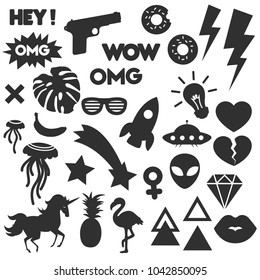 Vector Pop Art Silhouette Stickers Set. Trendy fashion shapes