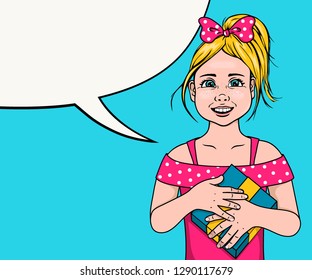Vector pop art smiling little girl holding gift box