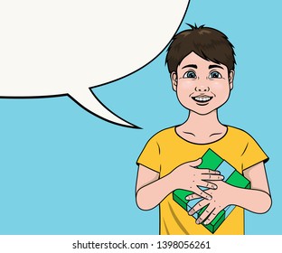 Vector pop art smiling little boy holding gift box