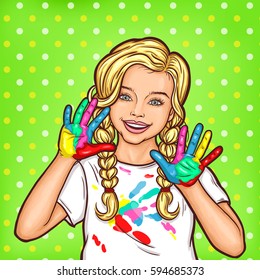 Vector pop art smiling little girl showing palms smeared with paint