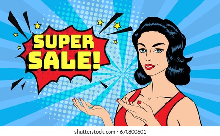 Vector pop art smiling sexy woman pointing hands to copy space with a phrase Super sale. Posture for advertising or presenting. Halftone background