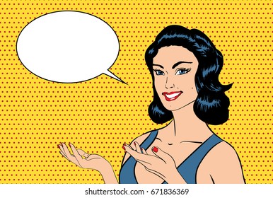 Vector pop art smiling sexy woman pointing hands to copy space. Posture for advertising or presenting. Empty speech bubble. Halftone background