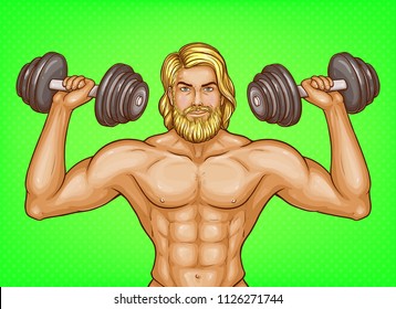 Vector pop art strong man with naked chest and great muscles holds dumbbells in hands, shows his biceps. Adult blonde bodybuilder, athlete with sexy body, fitness trainer with nude torso and beard