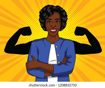 Vector Pop Art Style Illustration Of An African American Strong Business Woman. Conceptual Banner About Female Power, Feminism, Racism, Success. Successful Lady With Shadow Muscles Behind Her