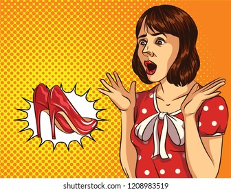 Vector pop art style illustration of surprised girl with open mouth. A young fashionable woman saw new red patent leather shoes. Design for flyer of discounts, promotions on woman shoes
