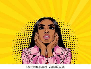 Vector pop art style illustration of a boring woman's face. African American woman looks up thoughtfully