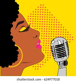Vector pop art style illustration of Afro American woman star celebrity jazz singer  with vintage microphone.