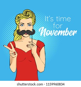 Vector pop art style prostate cancer awareness month design poster, banner or card. Concept for annual event. Young woman holding mustache sign with victory gesture.