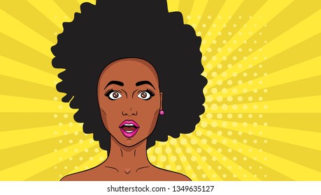 Vector pop art surprised black woman. Beautiful sexy pin up African American girl. Amazed comic cartoon character lady with omg emotions