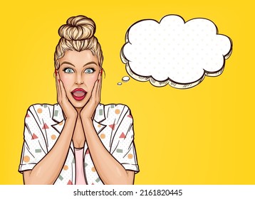 Vector pop art surprised fashion girl with speech bubble. Beautiful young woman with amazed face and open mouth on yelllow background. Advertising poster for advertising discounts, sales or discounts.