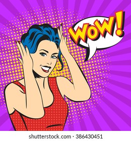 Vector pop art surprised smiling woman face and a WOW bubble