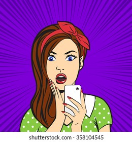 Vector pop art surprised woman face with open mouth holding a phone in her hands