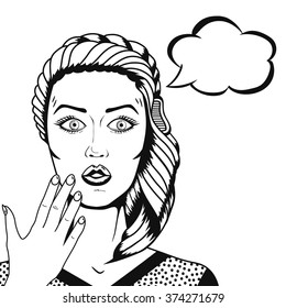 Vector Pop art surprised woman face with open mouth, thinking cloud for text. Graphic line art sketch of confused young woman thinking in comic style.