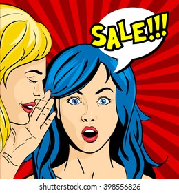 Vector pop art surprised woman face with open mouth and girl whispering something to her. Speech bubble and the word "Sale" in it.