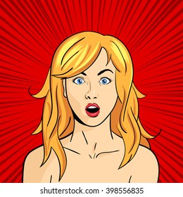 Vector pop art surprised woman face with open mouth 