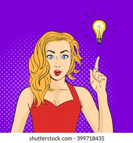Vector pop art surprised woman face. Hand with finger pointing up. Light bulb over the hand. Concept of creating new ideas or thoughts.