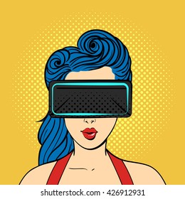 Vector pop art surprised woman wearing virtual reality glasses. Retro style. Hand drawn sign. Illustration for print, web.