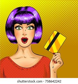 Vector pop art surprised woman with credit card. Comic book vintage illustration.