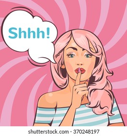 Vector pop art woman asking for silence. Vector comic illustration