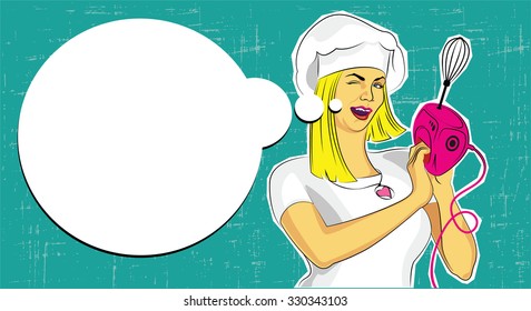 Vector Pop Art  Woman With Mixer For Cooking And Speech Bubble. Blank Restaurant Menu