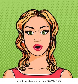 Vector pop art woman surprised face with open mouth in comic style, freehand drawn sporty blonde woman shocked face.