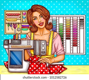 Vector pop art woman tailor sews on a electric modern sewing-machine with display. Designer needlework, dressmaker in atelier, workshop. Seamstress illustration, dotted background