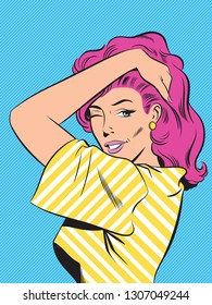 Vector Pop Art Woman winking with hands in hair - Separate dot & solid color layers