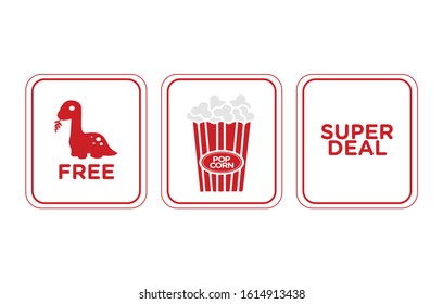 Vector | Pop corn deal stickers for advertising campaign. Buy one popcorn get toy free. Super deal offer tags for design.